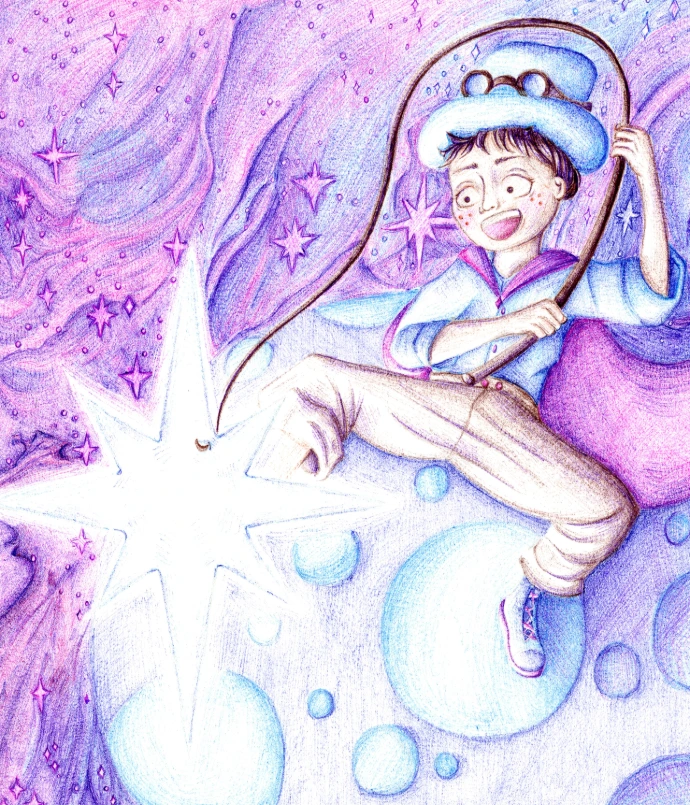 Illustration jeunesse d'un petit garçon pêchant une étoile dans la galaxie, illustré au Stylo BIC par Jeanilia, Jeanne Matton