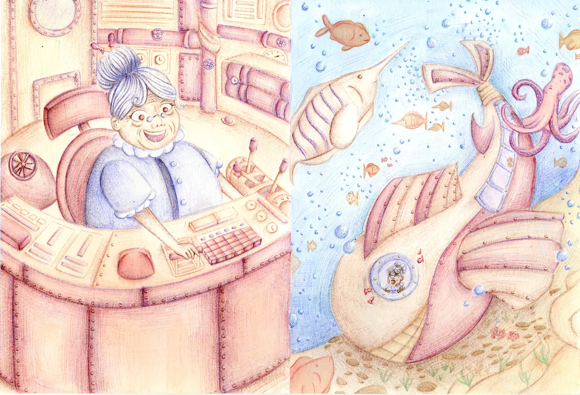 Illustration d'une page de livre jeunesse au Stylo BIC,représentant des poissons et un univers marin par Jeanilia, Jeanne Matton