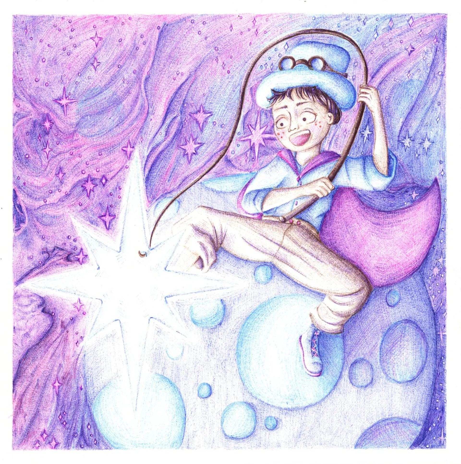 Illustration jeunesse d'un petit garçon pêchant une étoile dans la galaxie, illustré au Stylo BIC par Jeanilia, Jeanne Matton