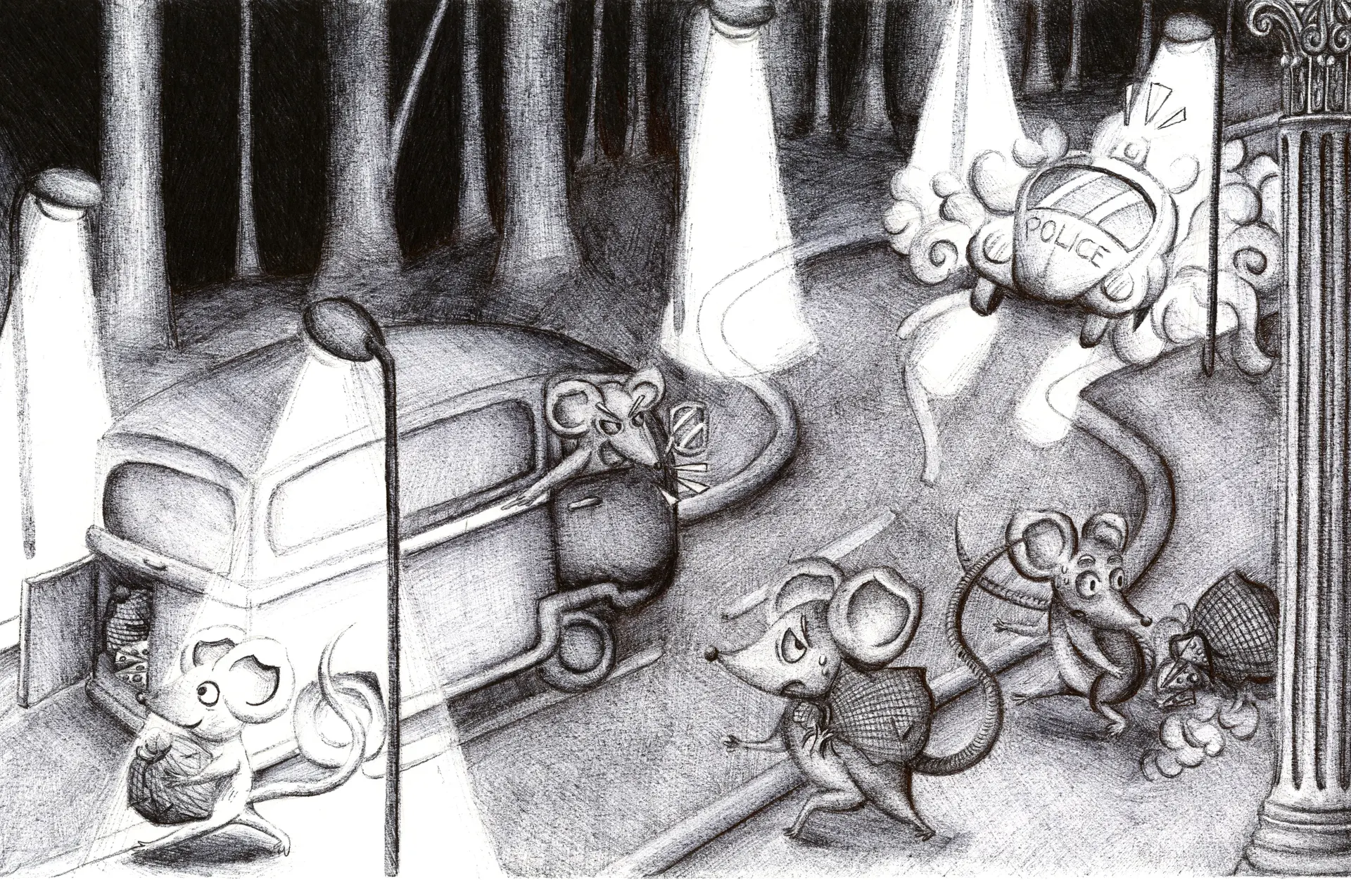 Illustration de souris dans un style jeunesse au Stylo BIC en noir et blanc sur le thème du braquage du siècle par Jeanilia, Jeanne Matton