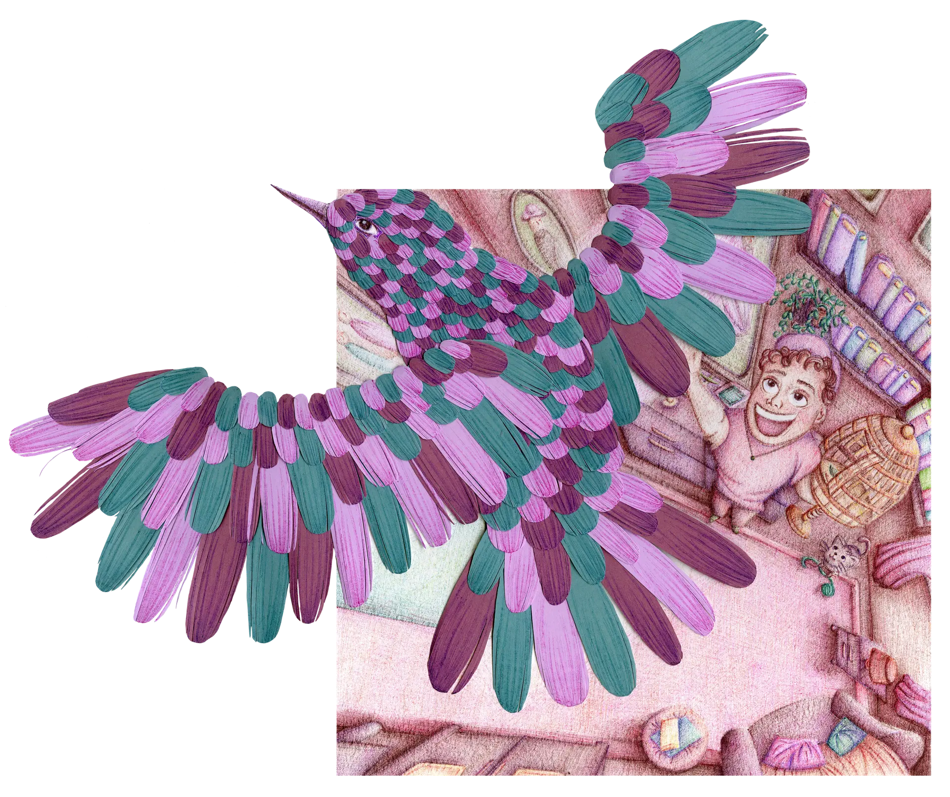 Illustration Jeunesse d'un garçon libérant un oiseau en papier d'une cage, illustré par Jeanilia, Jeanne Matton au stylo bic