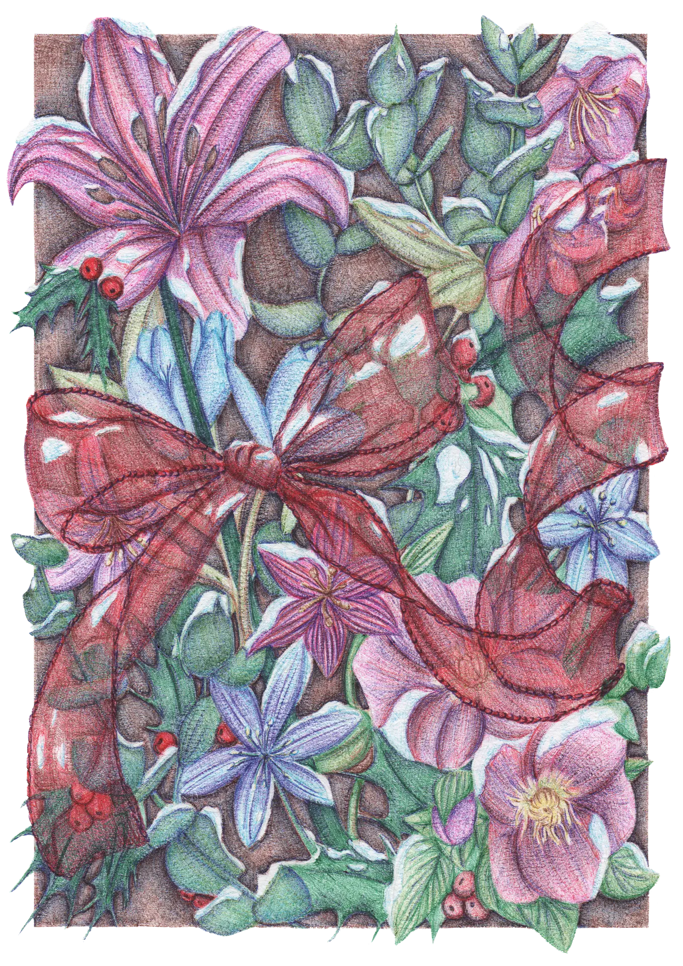 Illustration de Noël d'un nœud transparent, avec un fond fleuri au Stylo Bic, illustré par Jeanilia, Jeanne Matton
