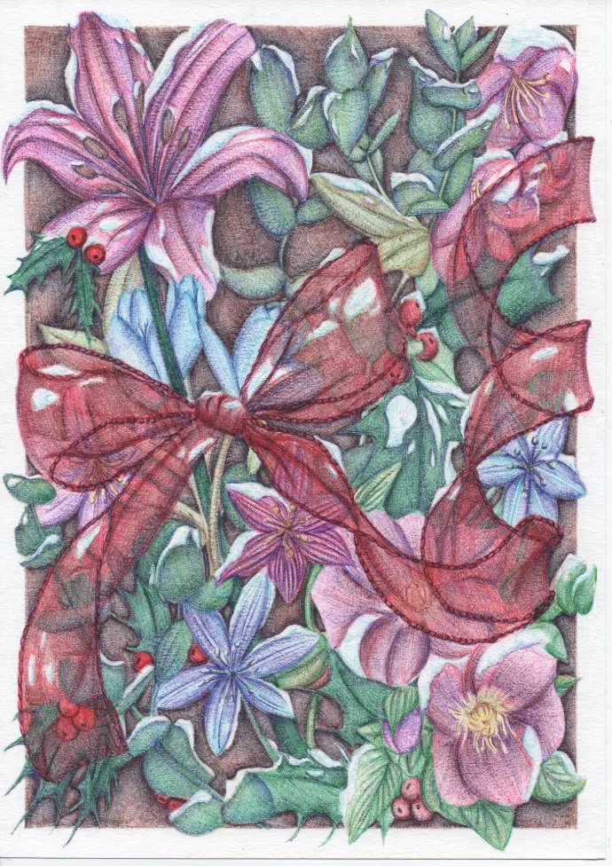 Illustration décorative d'un ruban entouré de fleurs pour Noël réaliste au Stylo Bic par Jeanilia, Jeanne Matton
